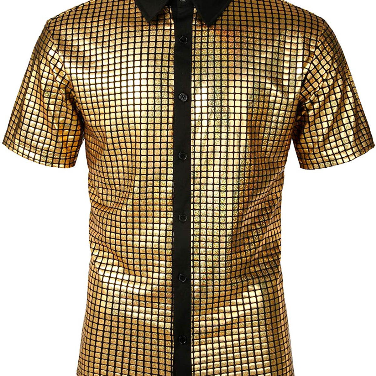 Men's Metallic Silver Shiny 70s Disco Party Silver Golden Button Up Short Sleeve Shirt