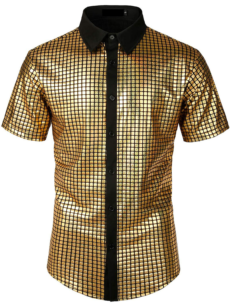 Men's Metallic Silver Shiny 70s Disco Party Silver Golden Button Up Short Sleeve Shirt