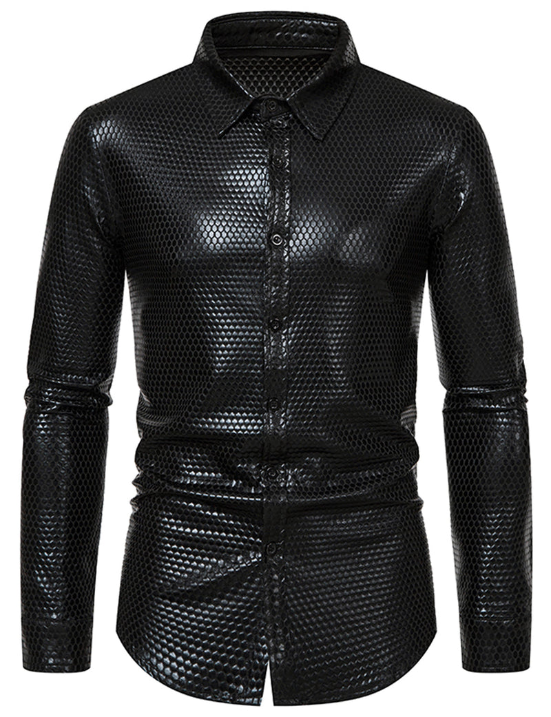 Men's 70's Disco Sequins Button Up Long Sleeve Costume Party Shirt