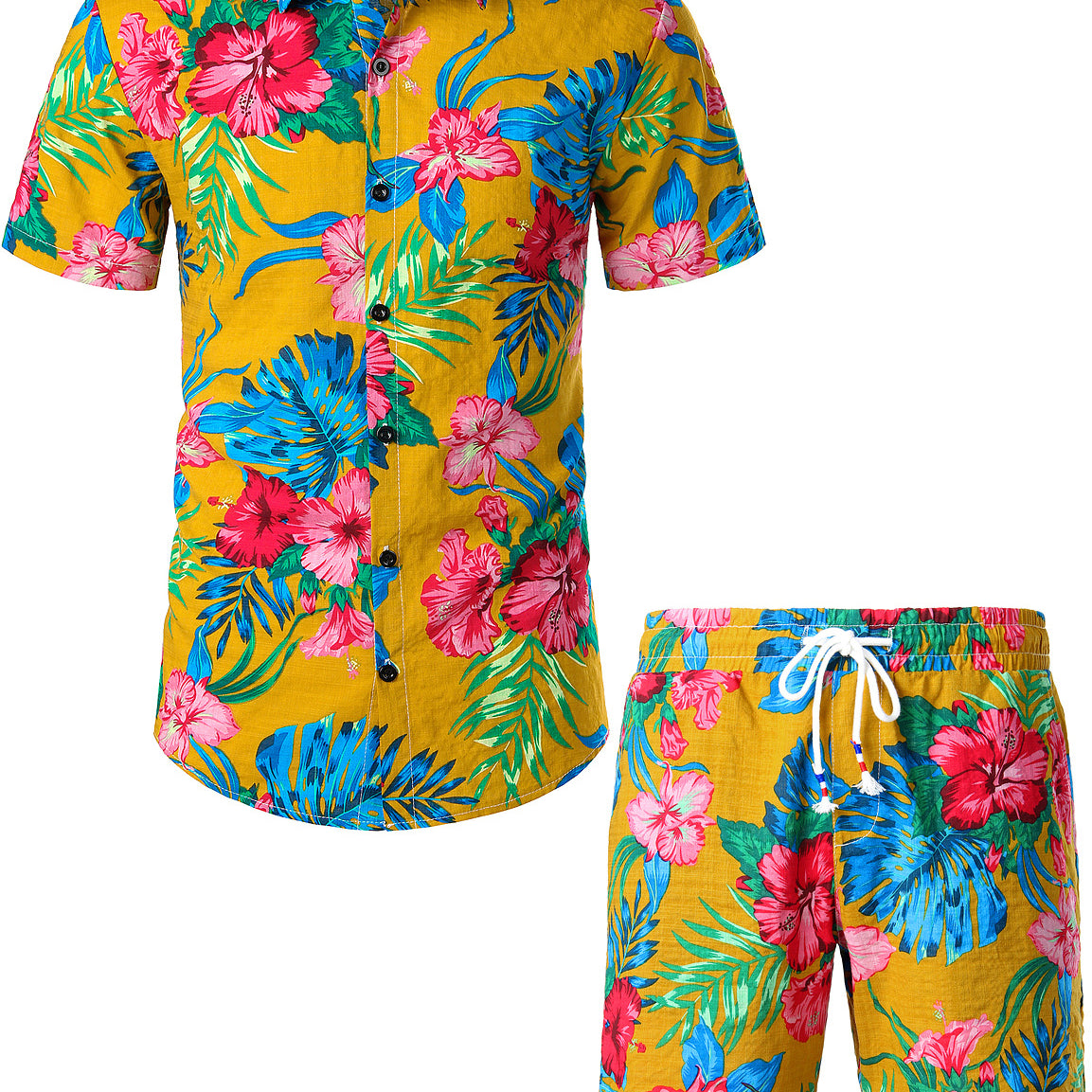 Men's Yellow Flower Tropical Hawaiian Shirt & Shorts Set