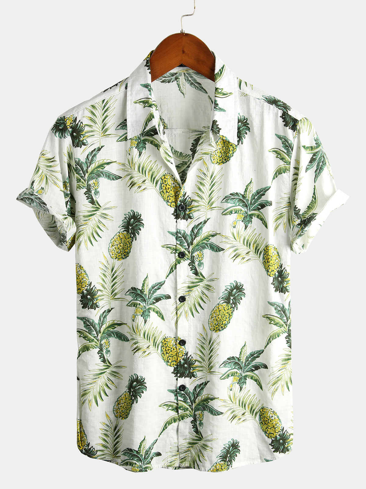 Men's Pineapple Floral Tropical Fruit Cotton Button Up Summer Beach Hawaiian Shirt