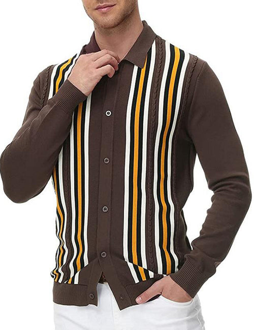Men's Vintage Striped Button Up Knit Polo Shirt Jumper Brown Cardigan Sweater