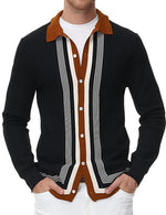 Men's Vintage Striped Button Up Knit Polo Shirt Jumper Casual Black Cardigan Sweater