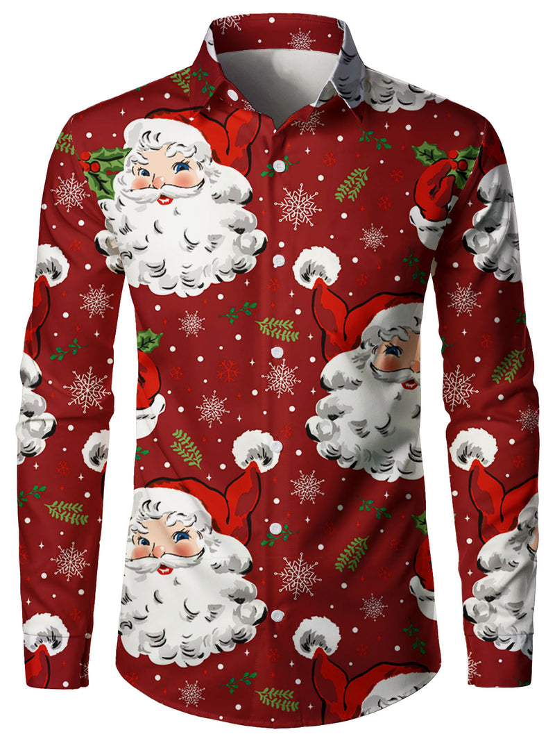 Men's Vintage Santa Claus Print Fancy Red Xmas Christmas Long Sleeve Shirt