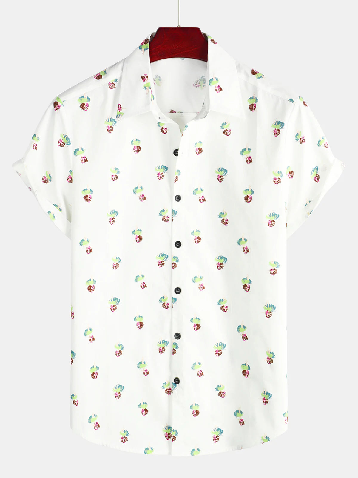 Men's Beauty Print Button Up Short Sleeve Cotton White Hawaiian Shirt
