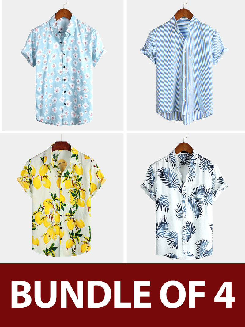 Bundle Of 4 | Men's Fruit & Floral Tropical Print Hawaiian Short Sleeve Shirts