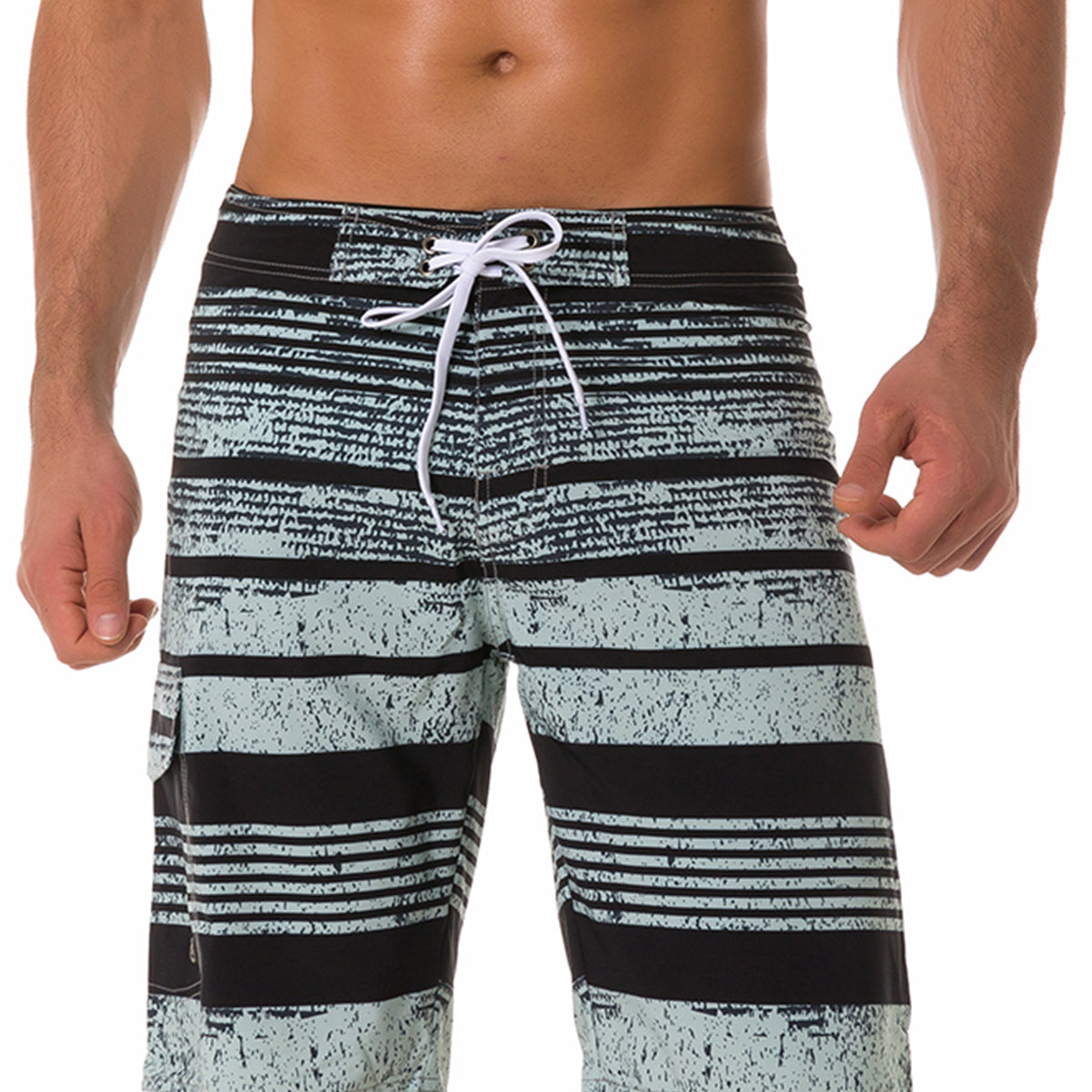 Men's Casual Striped Black Flat Waist Hawaiian Shorts Summer Beach Boardshorts