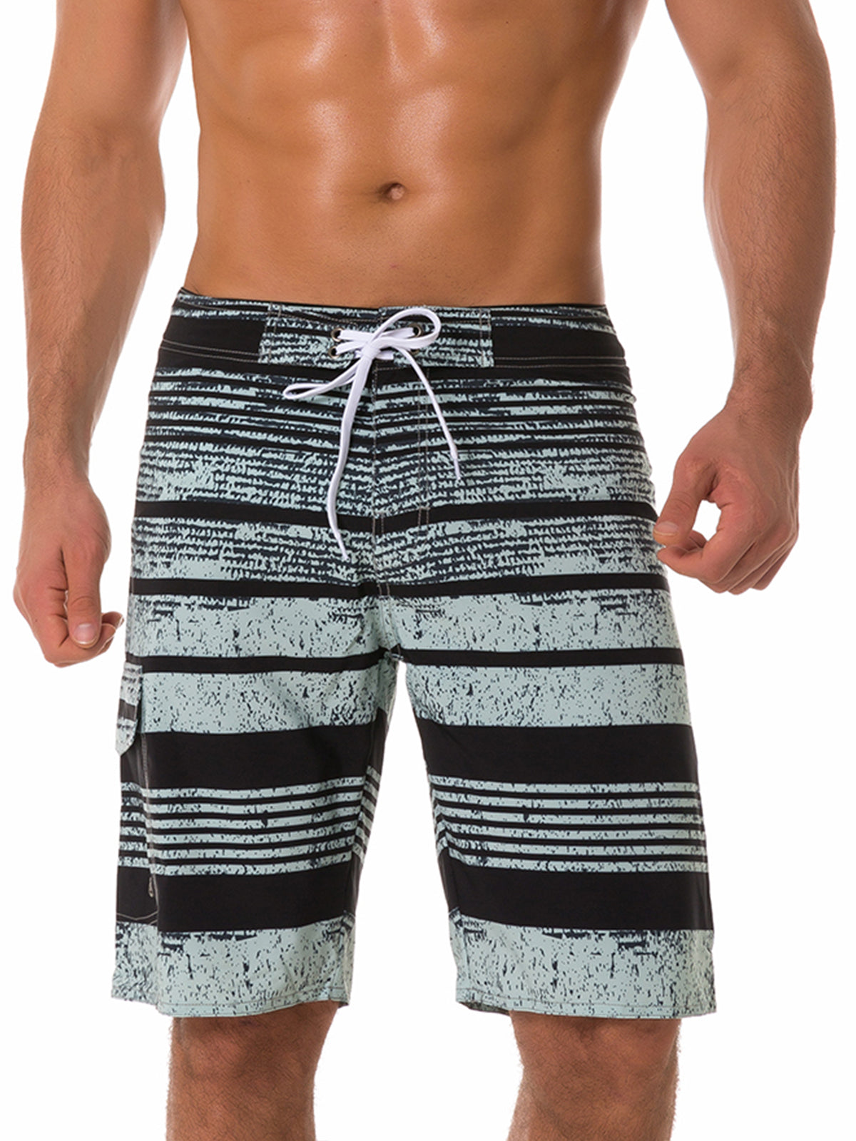 Men's Casual Striped Black Flat Waist Hawaiian Shorts Summer Beach Boardshorts