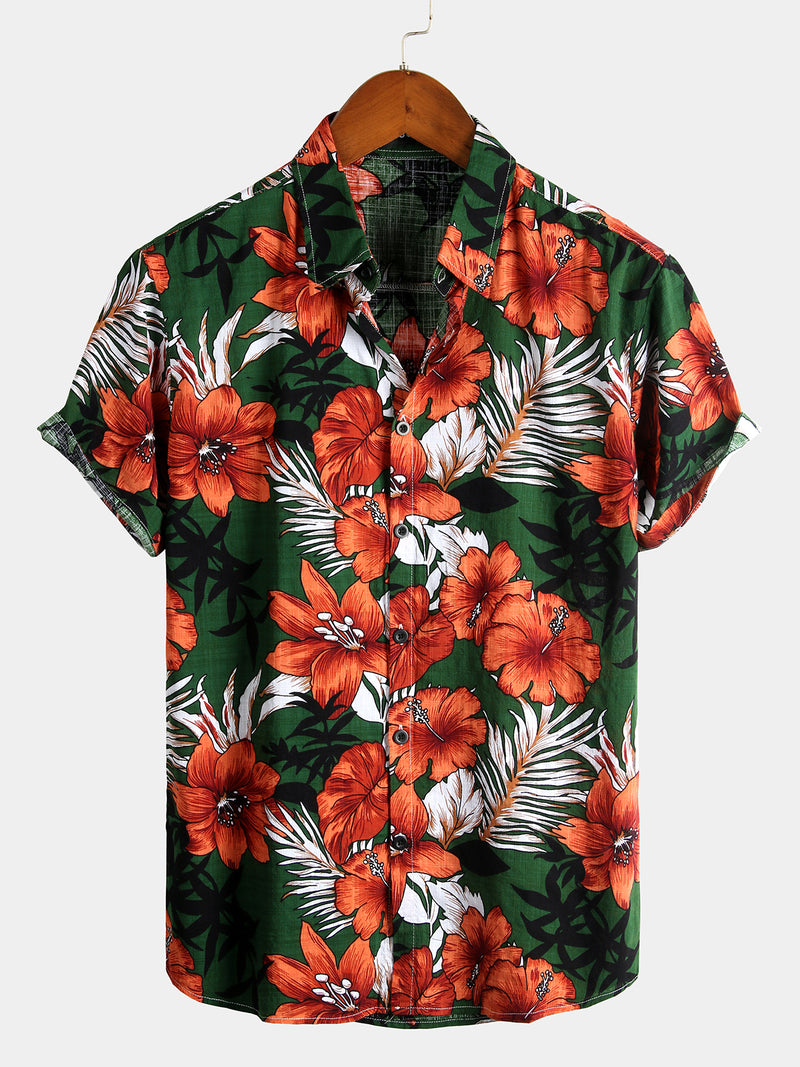 Men's Green Flower Tropical Hawaii Cotton Short Sleeve Shirt