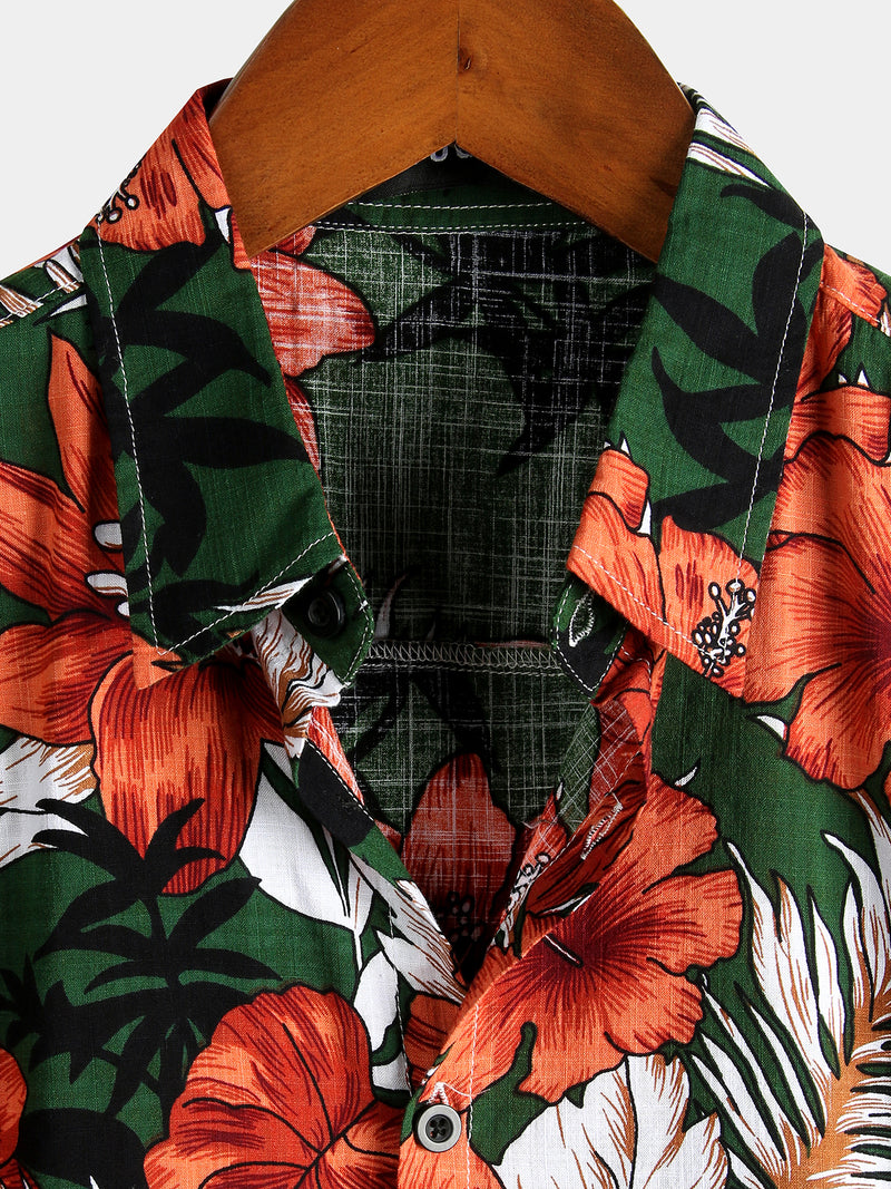 Men's Green Flower Tropical Hawaii Cotton Short Sleeve Shirt
