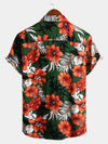 Men's Green Flower Tropical Hawaii Cotton Short Sleeve Shirt