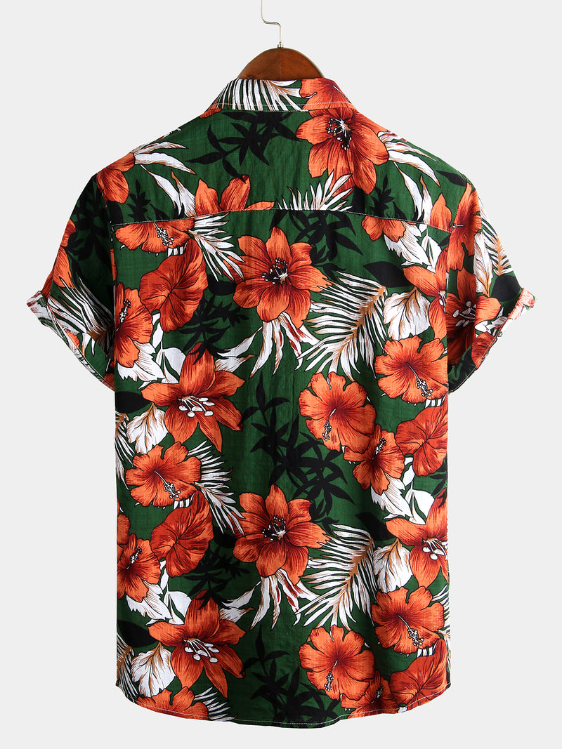 Men's Green Flower Tropical Hawaii Cotton Short Sleeve Shirt
