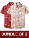 Bundle Of 2 | Men's Cotton Vintage Print Retro Tribal Button Up Short Sleeve Shirts