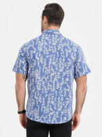 Men's Tropical Leaf Print Top Blue Cotton Button Up Short Sleeve Shirt