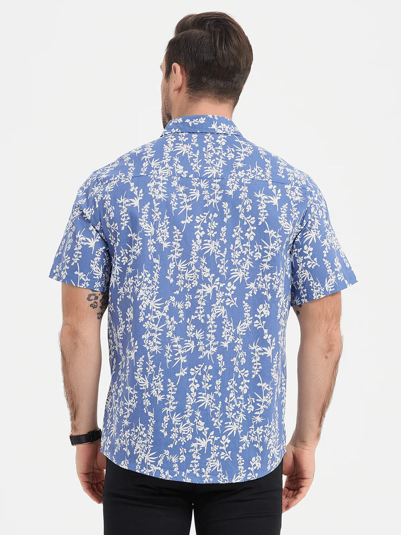 Men's Tropical Leaf Print Top Blue Cotton Button Up Short Sleeve Shirt