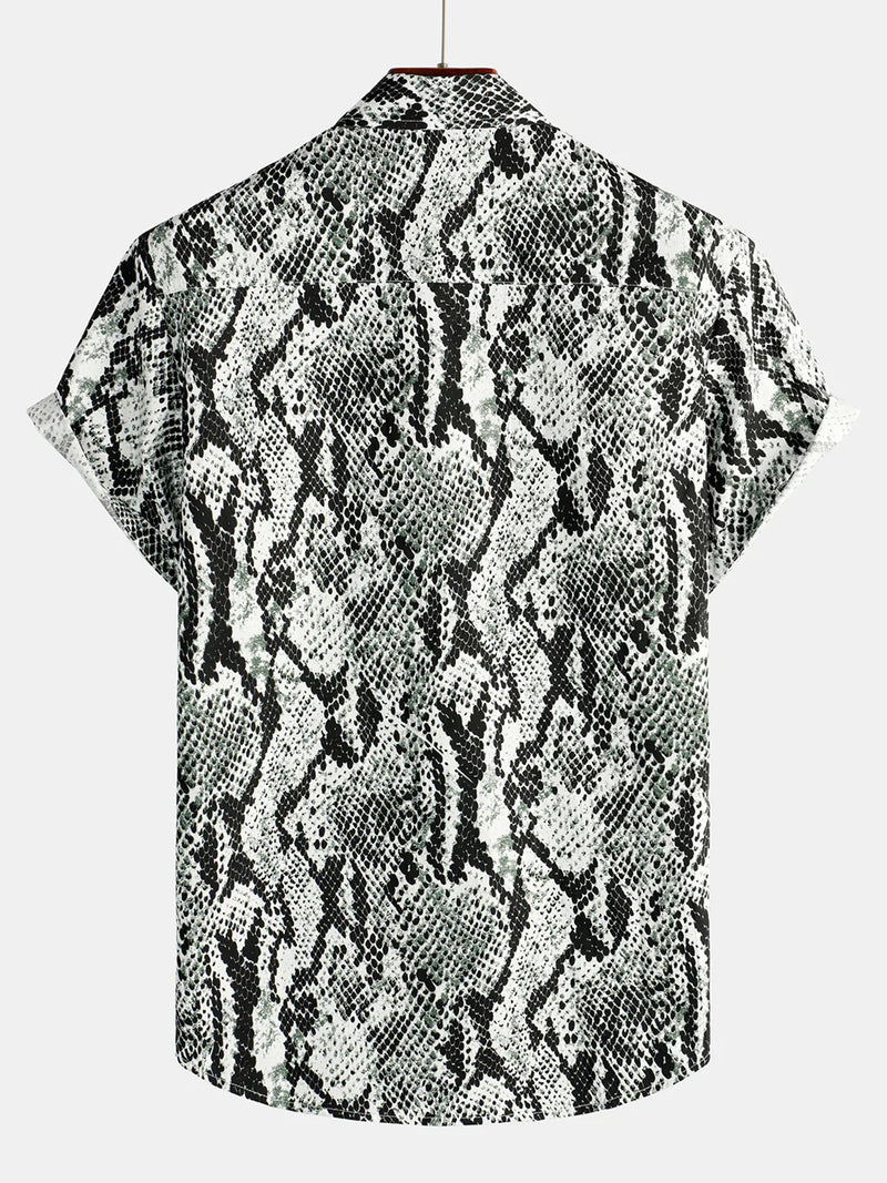 Men's Snake Skin Print Animal Pattern Cool Button Up Cotton Short Sleeve Vacation Shirt