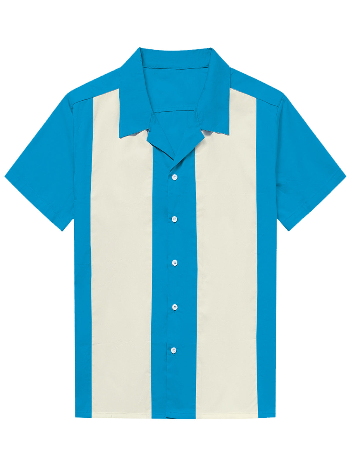 Men's Cuban Collar 50's Retro Camp Bowling Blue Short Sleeve Shirt