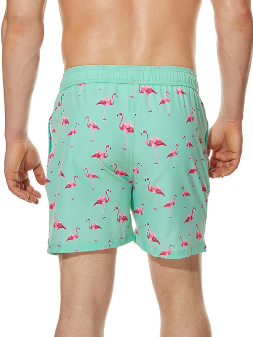 Men's Summer Green Flamingo Print Hawaiian Beach Graphic Shorts Swimming Trunks
