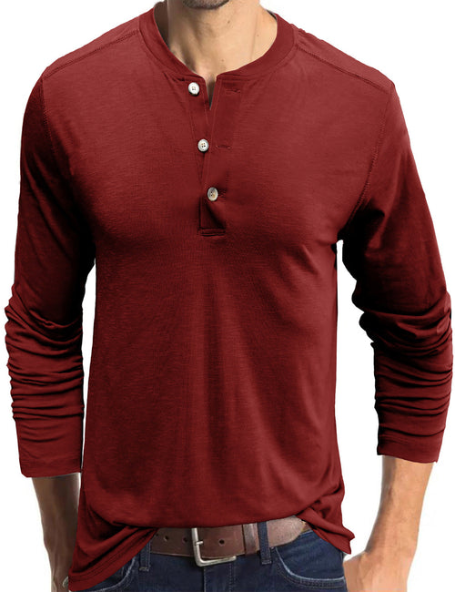 Men's Casual Henry Collar Solid Color Long Sleeve T-Shirt