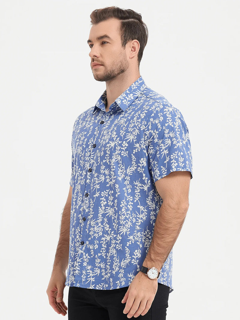 Men's Tropical Leaf Print Top Blue Cotton Button Up Short Sleeve Shirt