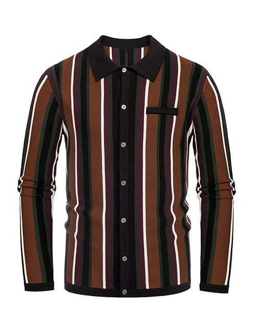 Men's Vintage Striped Knit Polo Shirt Jumper Long Sleeve Button Up Knitted Cardigan Sweater