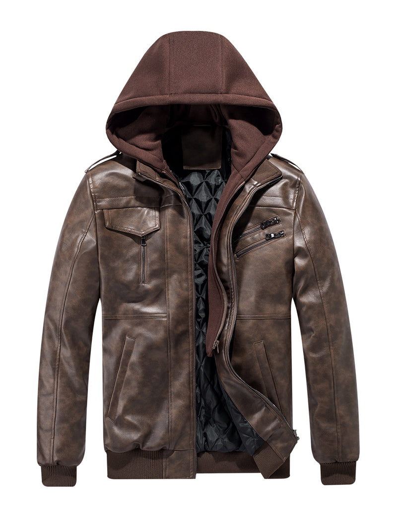 Men's Vintage Motorbike Biker Winter Leather Bomber Motorcycle Jacket with Removable Hood