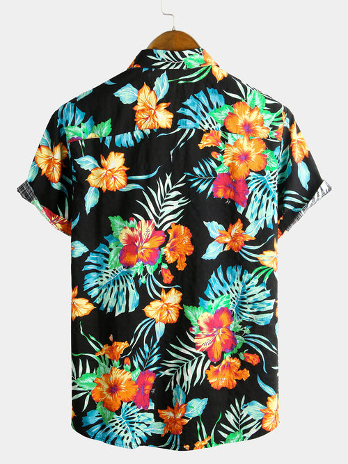 Men's Flower Tropical Hawaii Cotton Short Sleeve Shirt