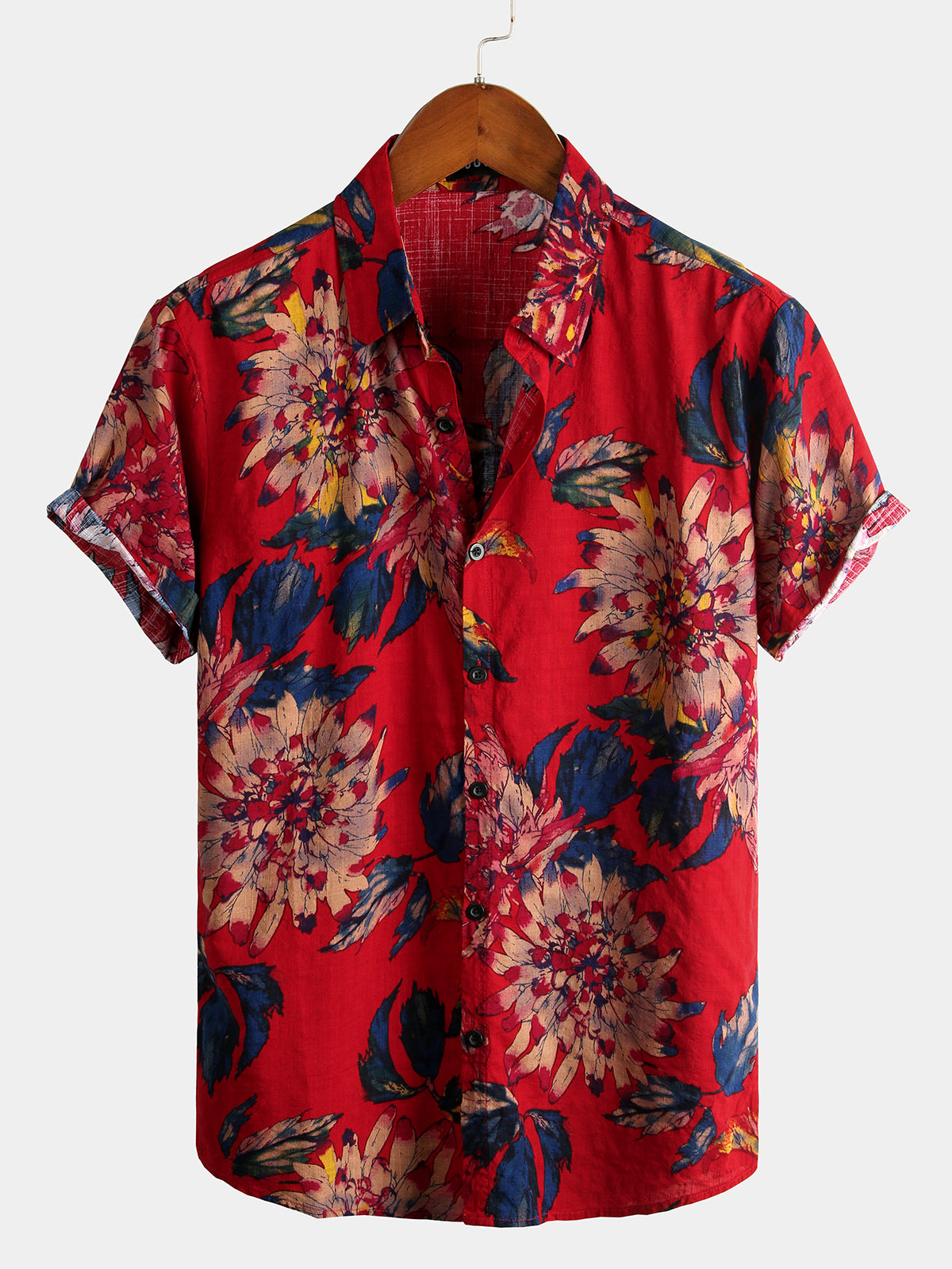 Men's Red Flower Tropical Hawaii Cotton Short Sleeve Shirt