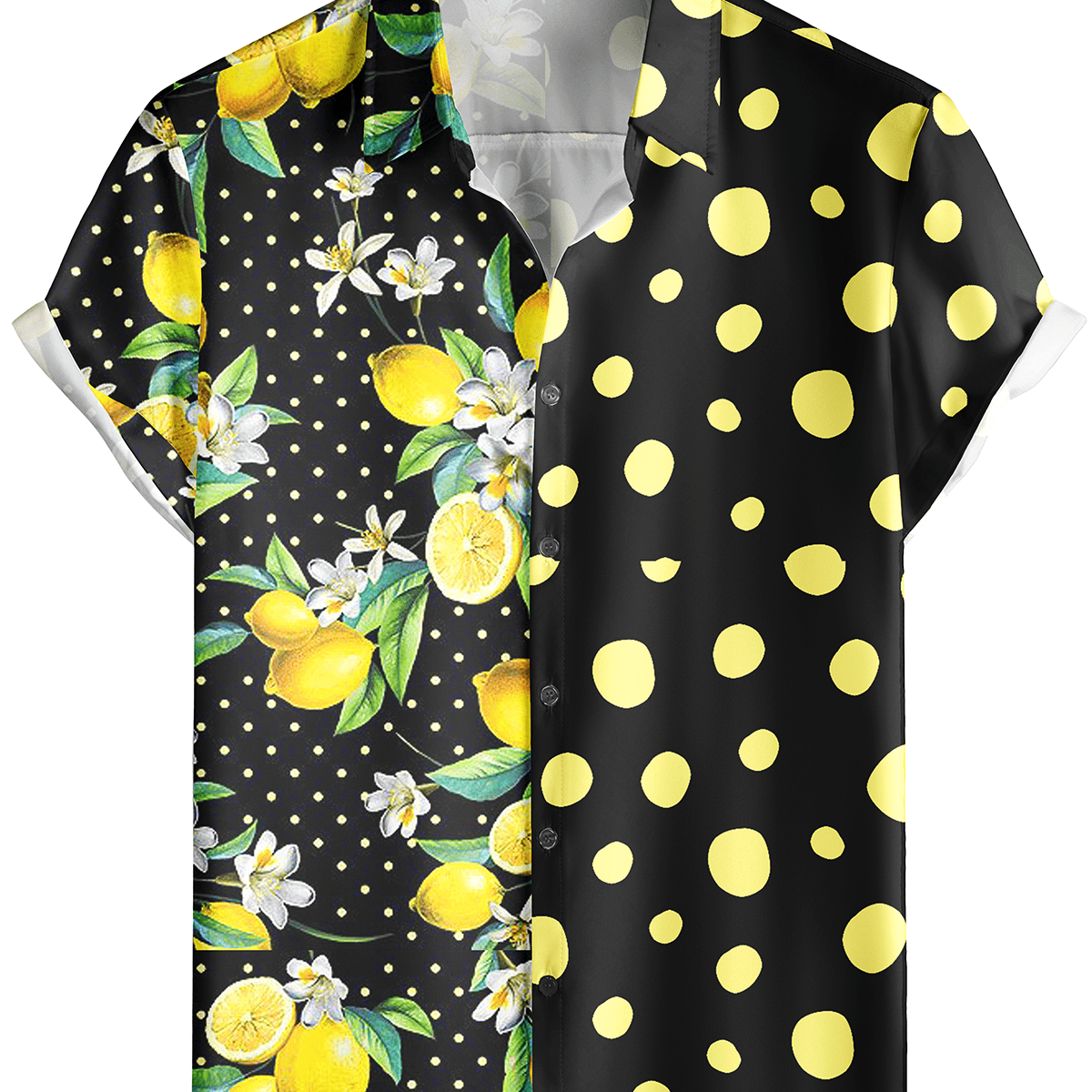 Men's Lemon Polka Dot Patchwork Print Short Sleeve Vacation Button Up Shirt