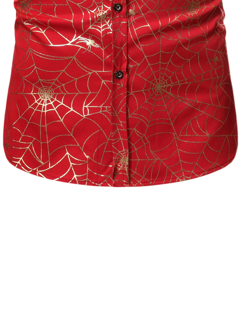 Men's Gold Spider Web Print Halloween Party Button Long Sleeve Shirt