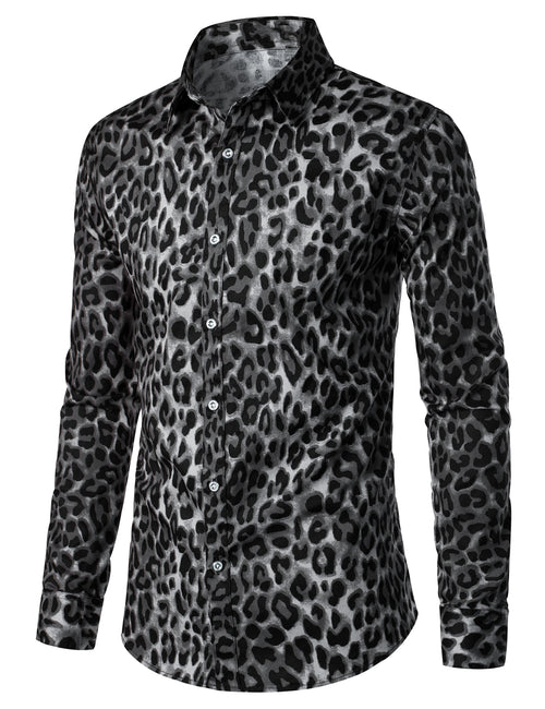 Men's Grey Snow Leopard Print Animal Casual Rock Cool Cotton Long Sleeve Shirt