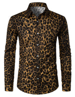 Men's Brown Leopard Print Animal Casual Rock Cotton Daily Tops Button Up Long Sleeve Shirt