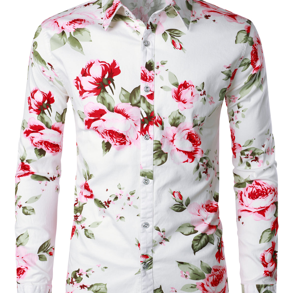 Men's Floral Print White Casual Tops Button Up Long Sleeve Dress Shirt