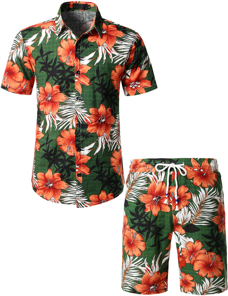 Men's Green Flower Tropical Hawaiian Shirt & Shorts Set