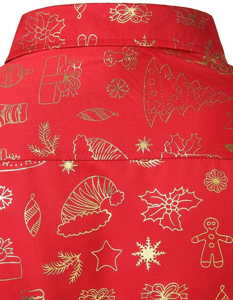 Men's Christmas Print Regular Fit Button Holiday Long Sleeve Red Dress Shirt
