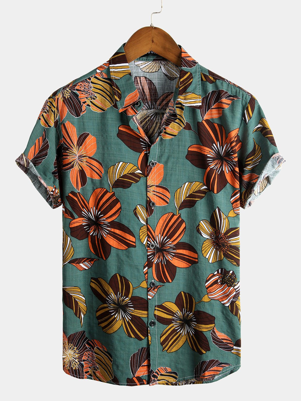 Men's Flower Tropical Hawaii Cotton Short Sleeve Shirt