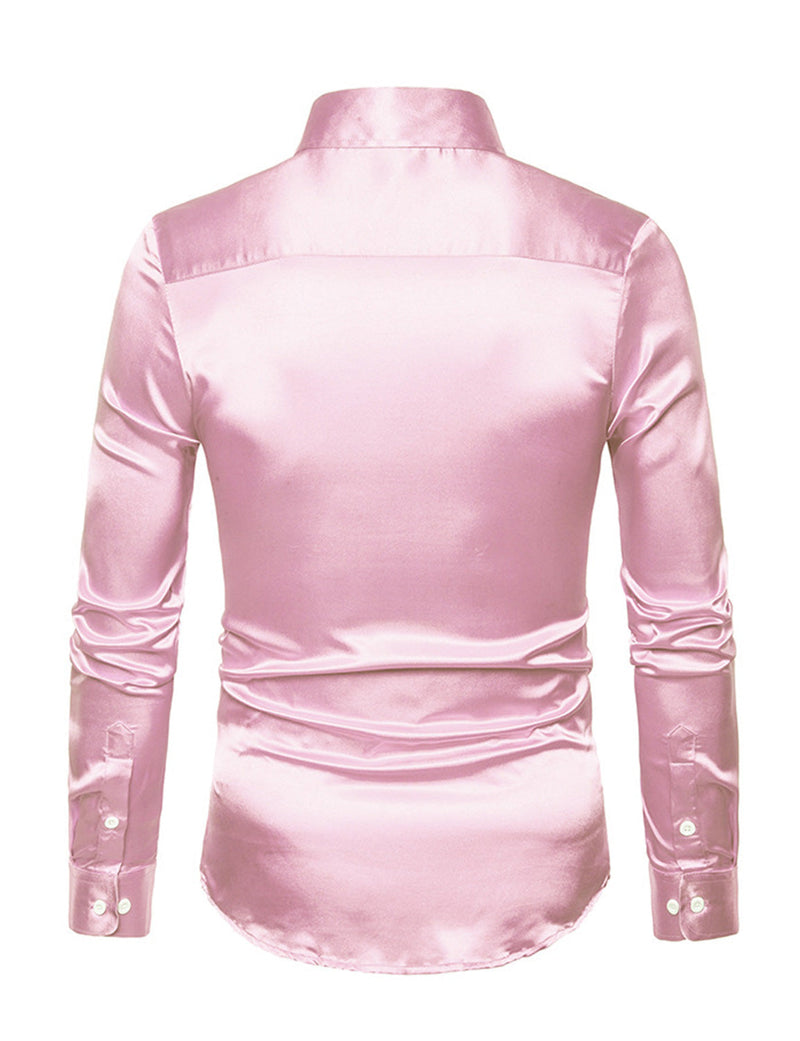 Men's Satin Smooth Button Up Tuxedo Long Sleeve Party Dress Shirt