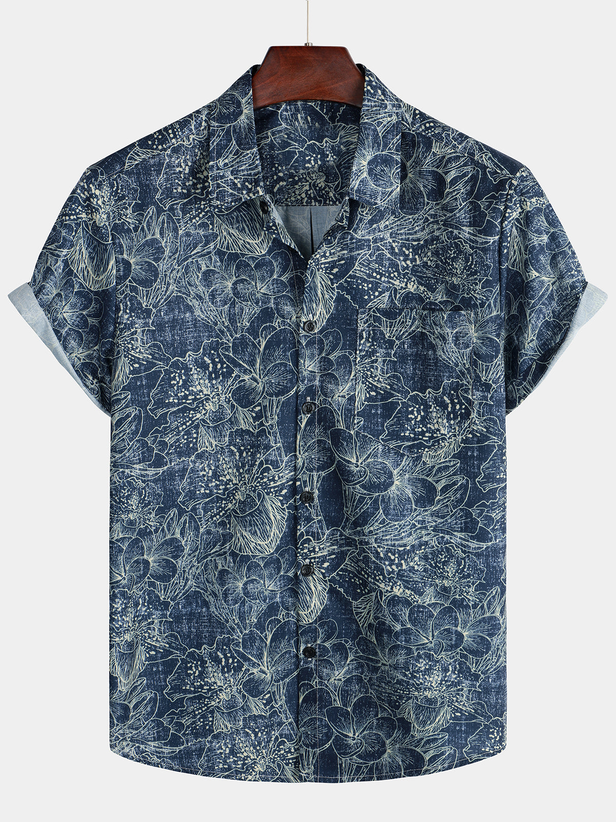 Men's Retro Floral Print Pocket Vacation Short Sleeve Vintage Flowers Navy Blue Shirt