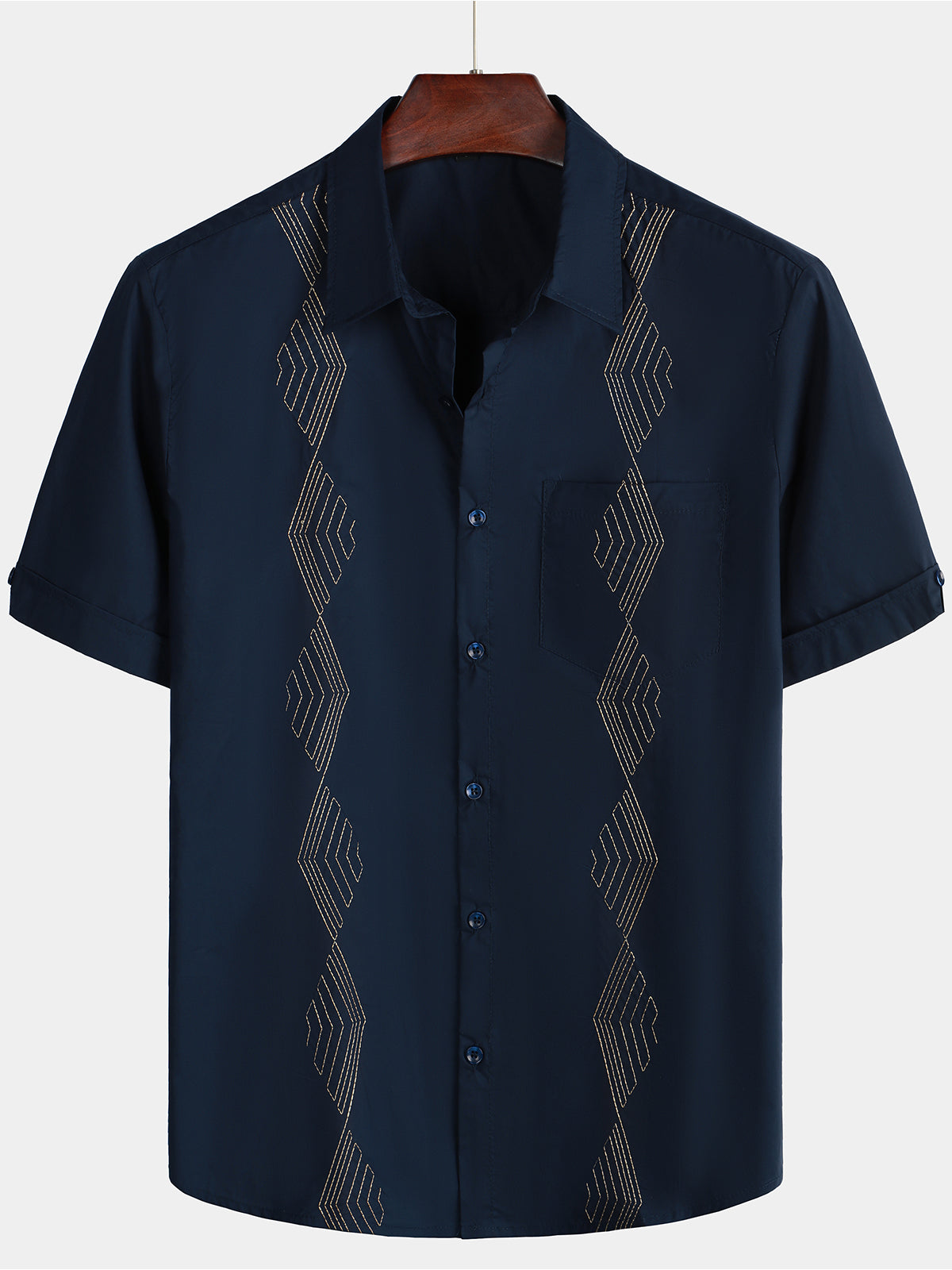 Men's Guayabera Embroidered Geometric Pocket Summer Button Up Short Sleeve Beach Shirt