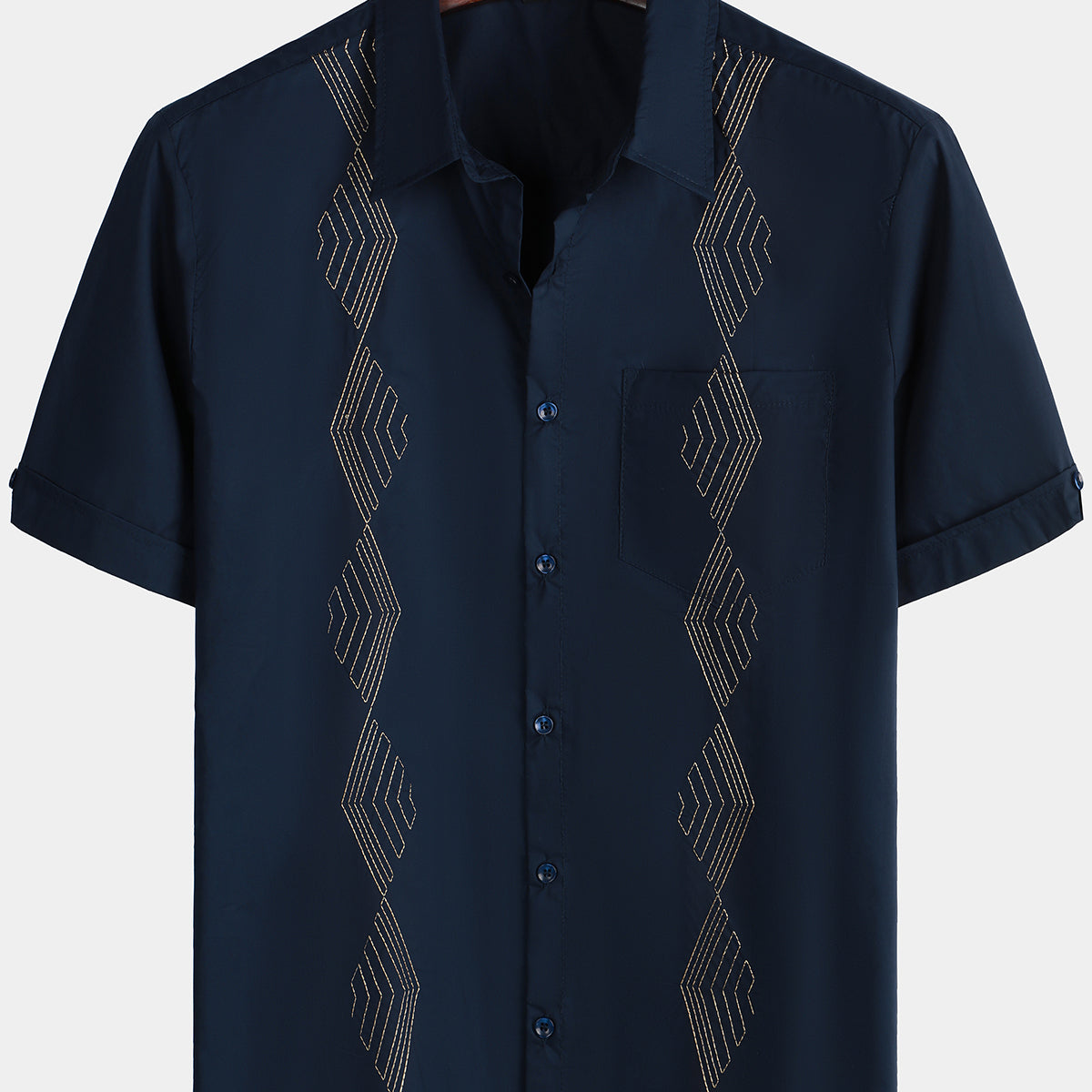 Men's Guayabera Embroidered Geometric Pocket Summer Button Up Short Sleeve Beach Shirt