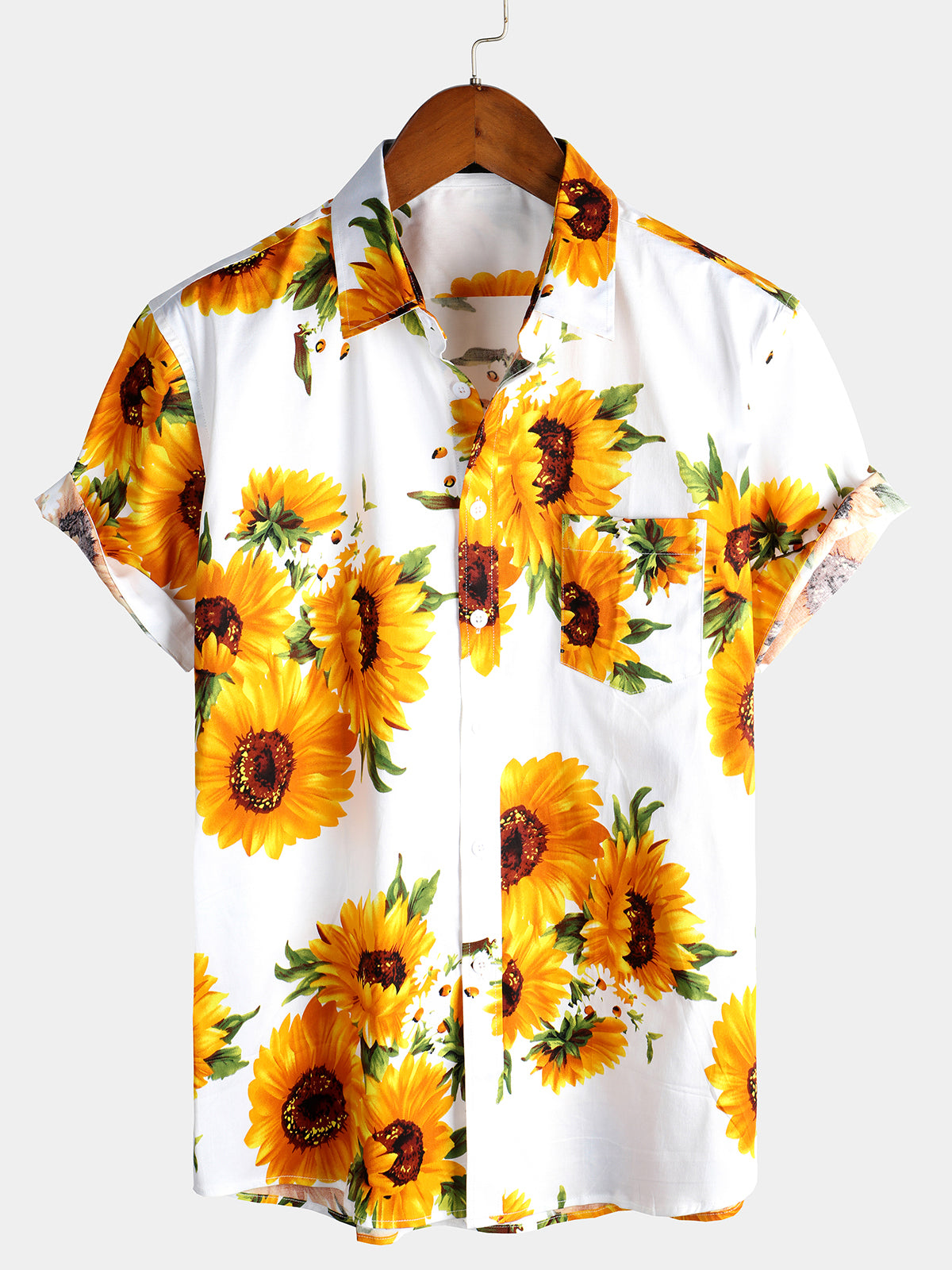 Men's Vintage Sunflower Cotton Floral Pocket Short Sleeve Button Up Shirt