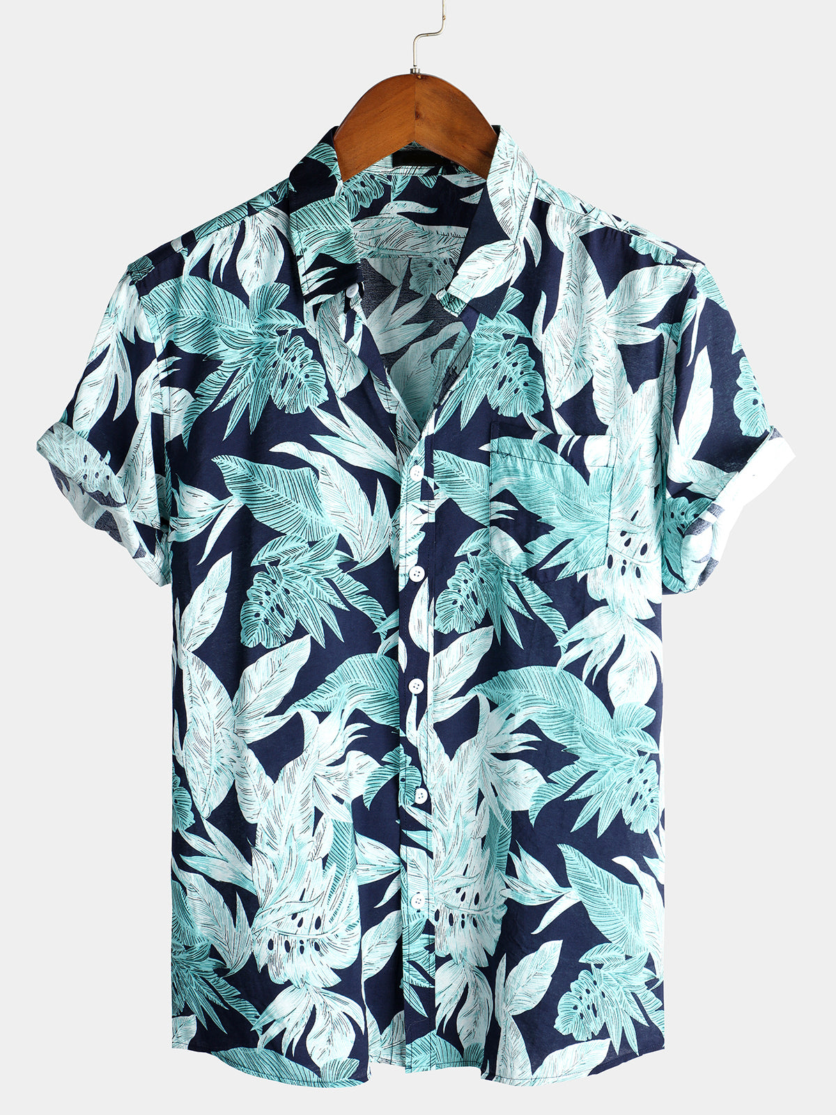 Men's Tropical Leaf Print Pocket Short Sleeve Shirt
