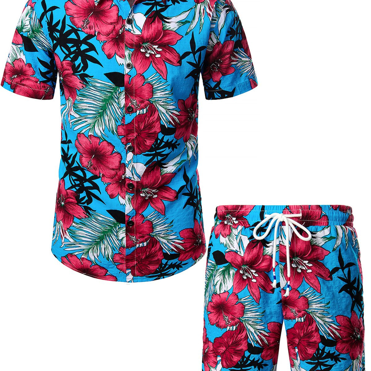 Men's Blue Flower Tropical Hawaiian Shirt & Shorts Set