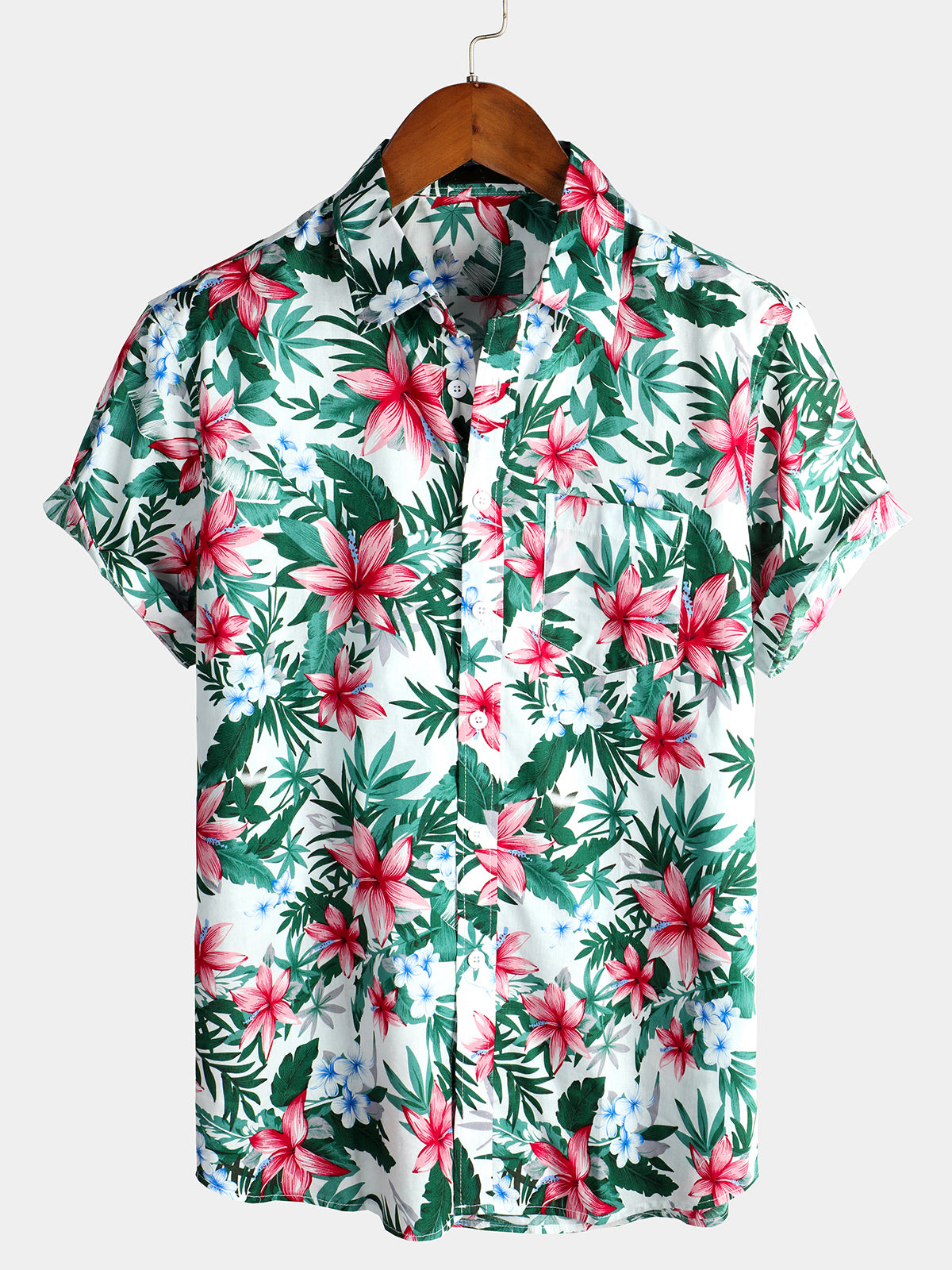 Men's Floral Cotton Hawaiian Pocket Shirt