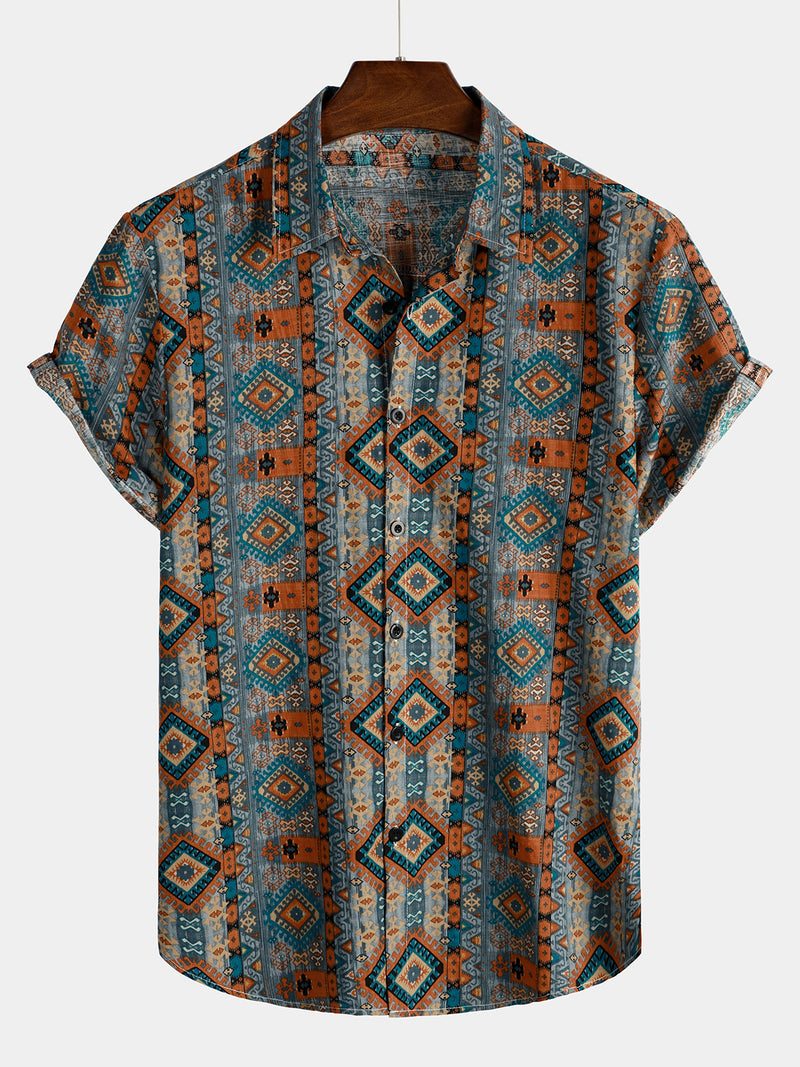 Men's Casual Vintage Short Sleeve 70s Retro Patchwork Button Up Lapel Cotton Aztec Print Shirt