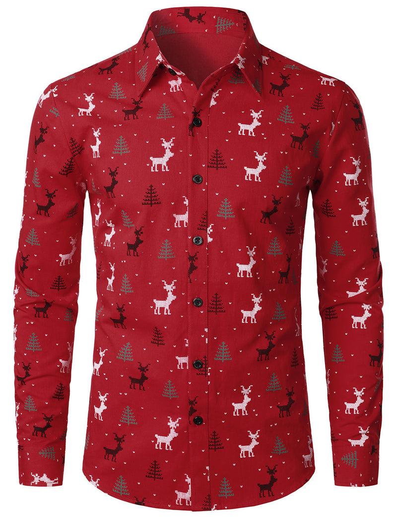 Bundle Of 3 | Men's Christmas Print Regular Fit Cotton Long Sleeve Shirt