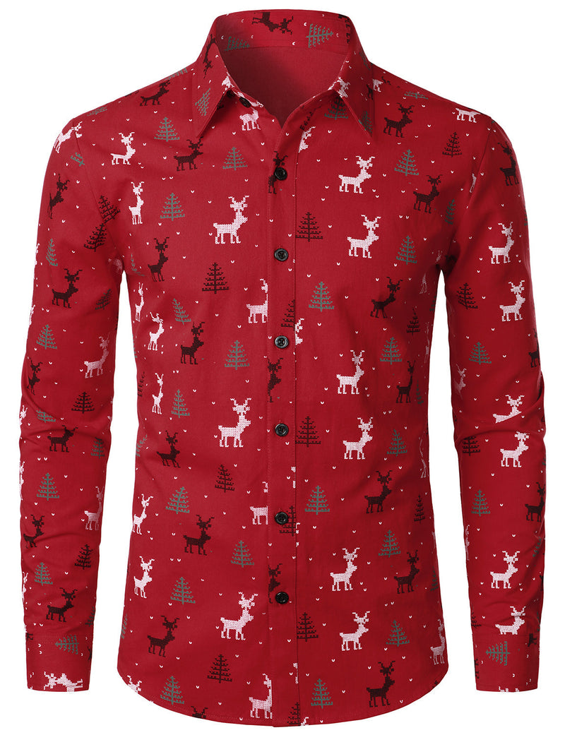 Bundle Of 2 | Men's Christmas Tree Elk Print Breathable Red Long Sleeve Shirts