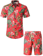 Men's Red Flower Tropical Hawaiian Shirt & Shorts Set