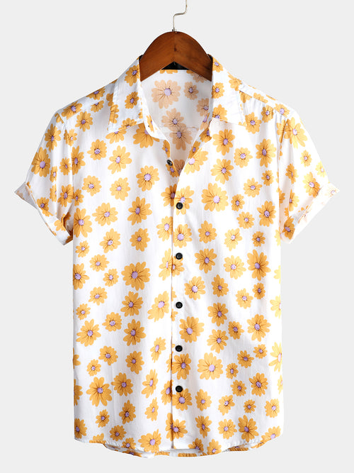 Men's Blue Daisy Floral Summer Button Up Hawaiian Short Sleeve Shirt