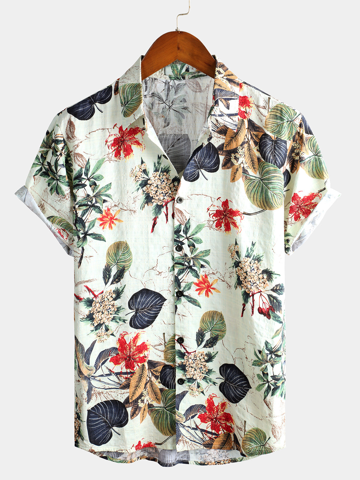 Men's Flower Cotton Tropical Floral Summer Button Up Hawaiian Shirt